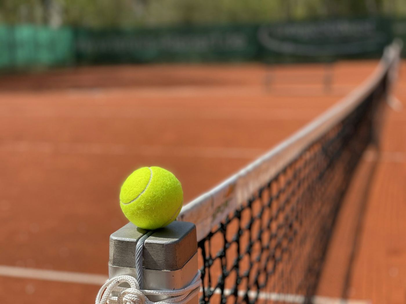 A tennis ball resting by the net on a clay court